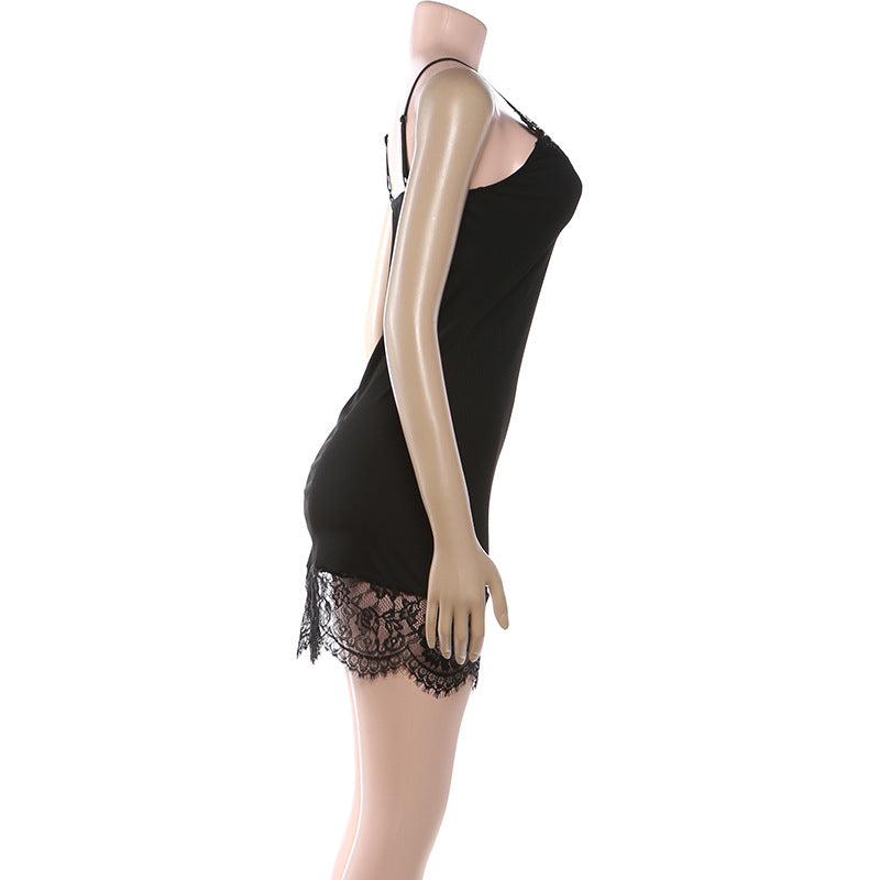 Lace hem v neck ribbed backless cami mini dress  | Festival Outfits Women