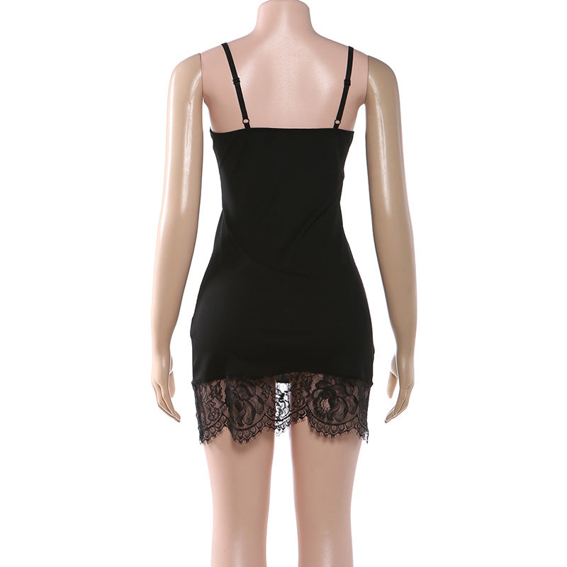 Lace hem v neck ribbed backless cami mini dress  | Festival Outfits Women