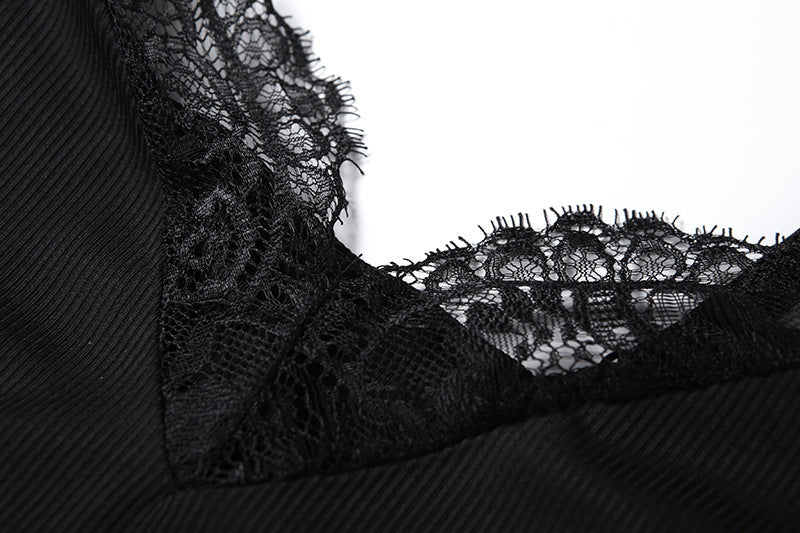 Lace hem v neck ribbed backless cami mini dress  | Festival Outfits Women