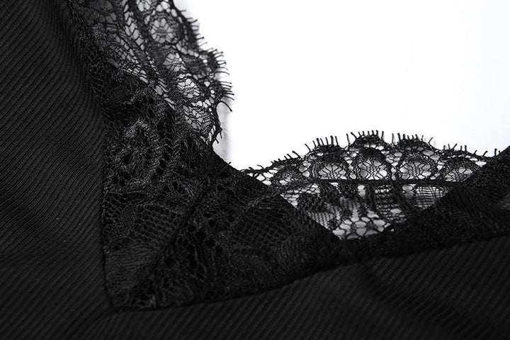 Lace hem v neck ribbed backless cami mini dress  | Festival Outfits Women