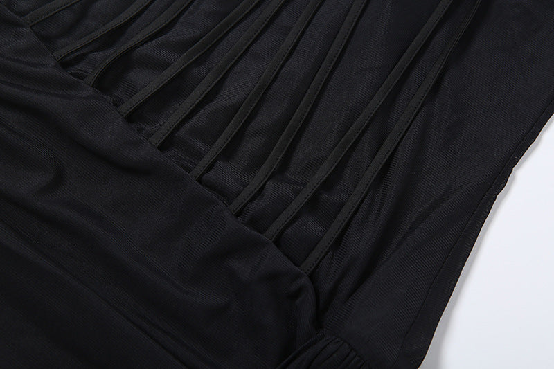 High neck ruched irregular mesh solid mini dress  | Festival Outfits Women