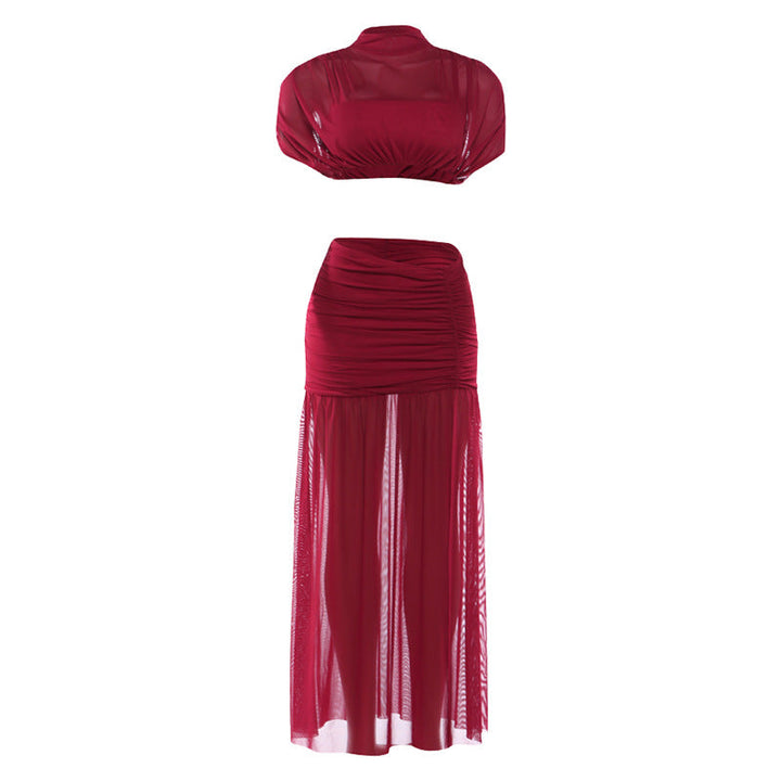 Ruched crewneck mesh crop maxi skirt set  | Festival Outfits Women