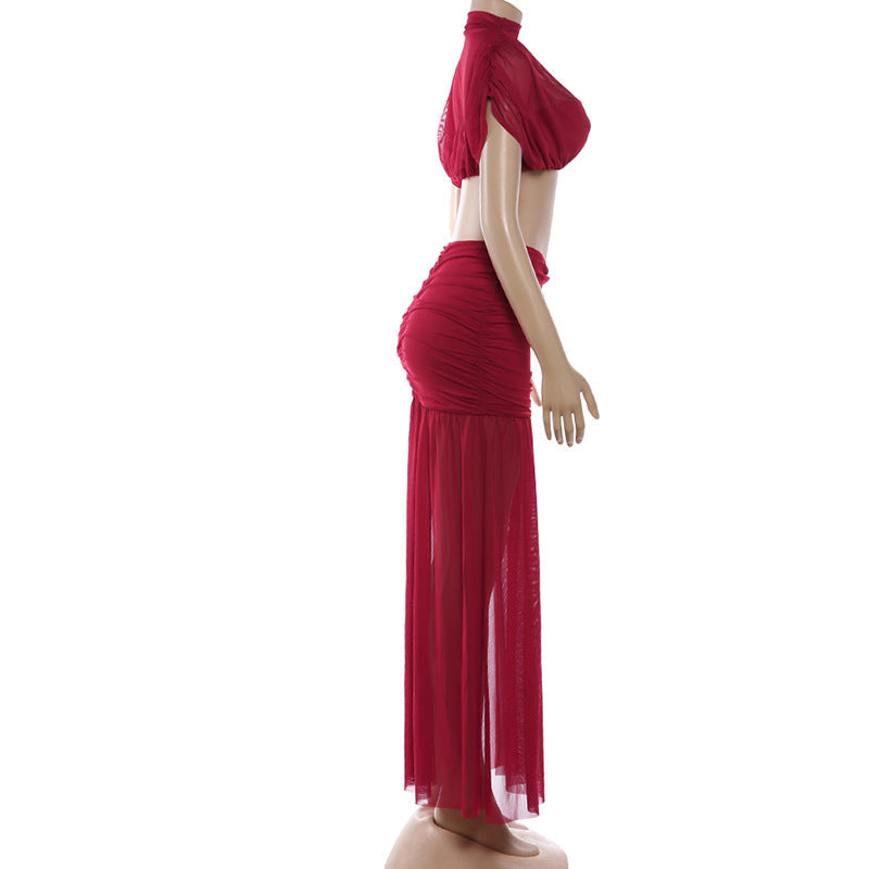 Ruched crewneck mesh crop maxi skirt set  | Festival Outfits Women
