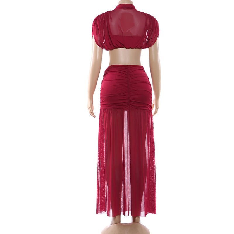 Ruched crewneck mesh crop maxi skirt set  | Festival Outfits Women