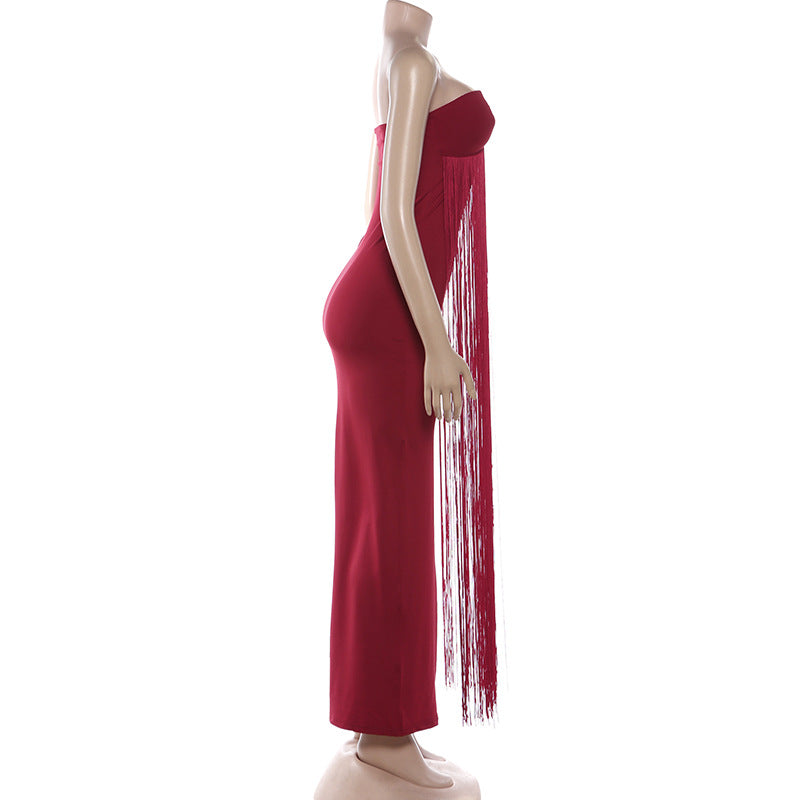 Sweetheart neck tassels backless tube maxi dress  | Festival Outfits Women
