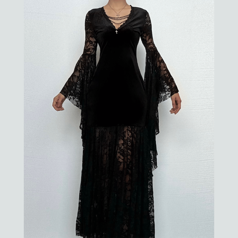 Long flared sleeve lace velvet beaded maxi dress  | Festival Outfits Women