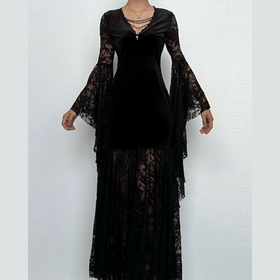 Long flared sleeve lace velvet beaded maxi dress  | Festival Outfits Women