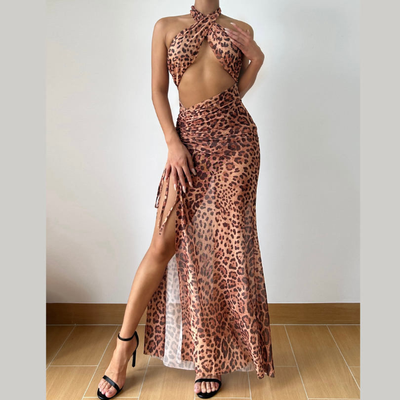 Leopard print slit cross front hollow out cut out maxi dress-final-sale