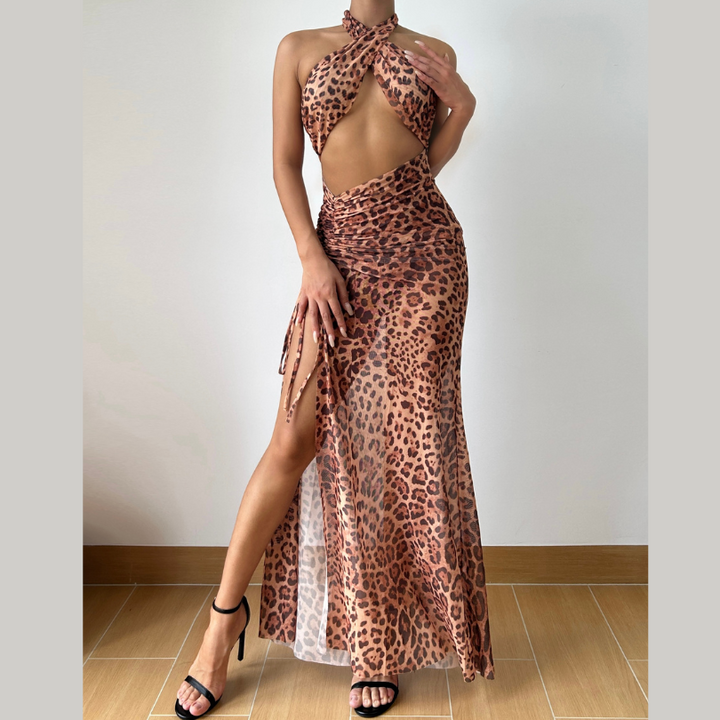 Leopard print slit cross front hollow out cut out maxi dress-final-sale