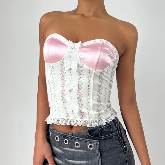 Lace hem bowknot flower print tube top  | Festival Outfits Women