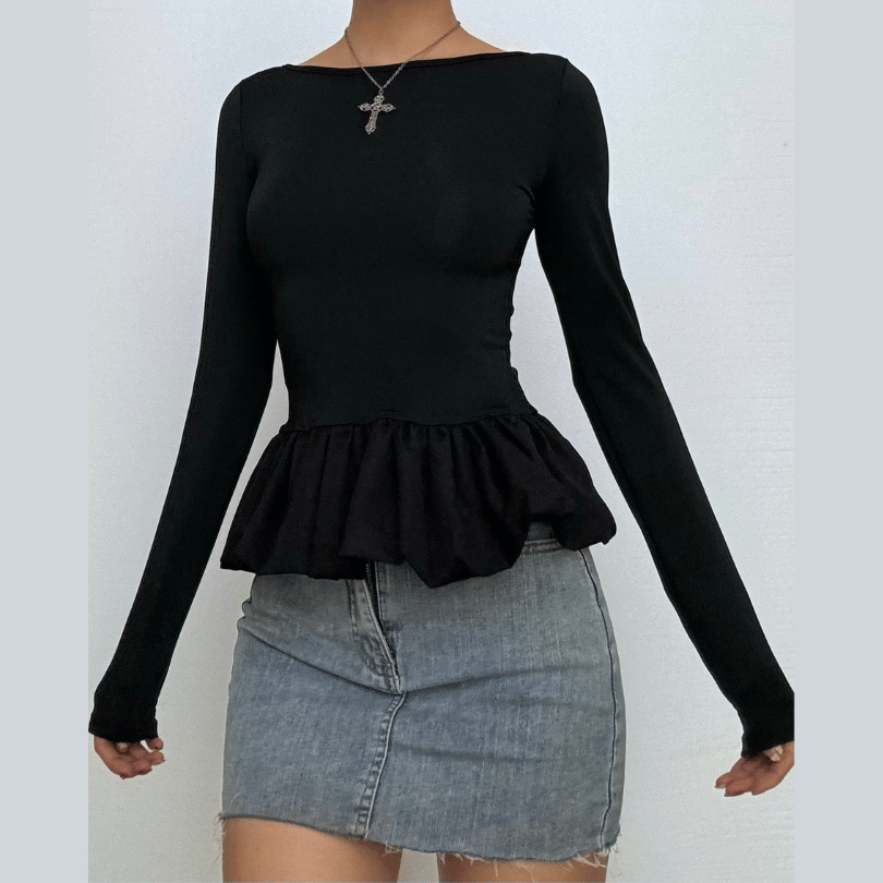 Ruched long sleeve round neck hollow out ruffle cut out top  | Festival Outfits Women
