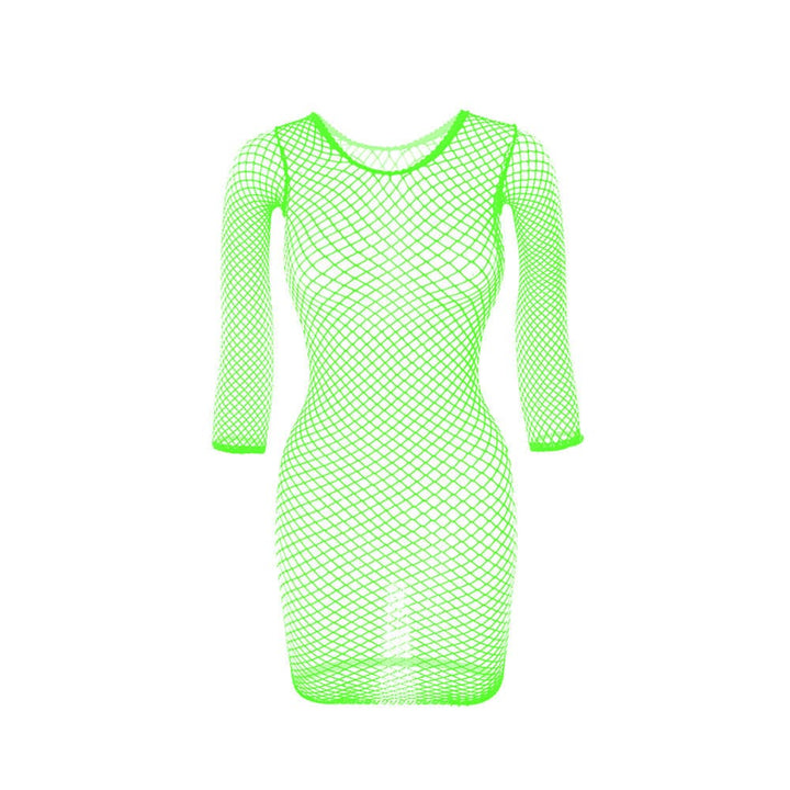 Long sleeve crewneck fishnet solid mini dress  | Festival Outfits Women