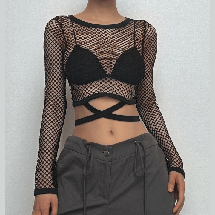 Round neck long sleeve tie back fishnet top