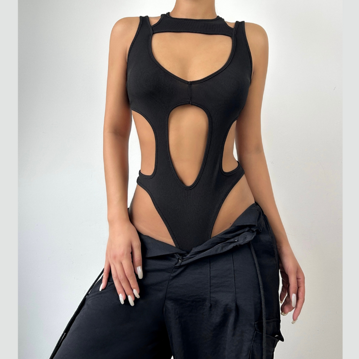 Hollow out sleeveless backless solid bodysuit