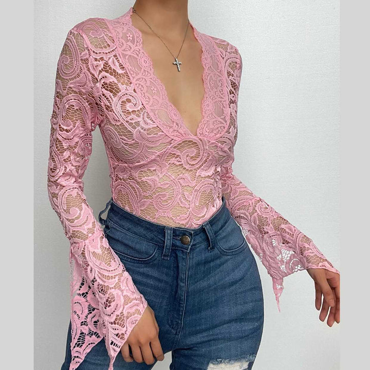 Flared sleeve v neck lace see through solid top-final-sale  | Festival Outfits Women