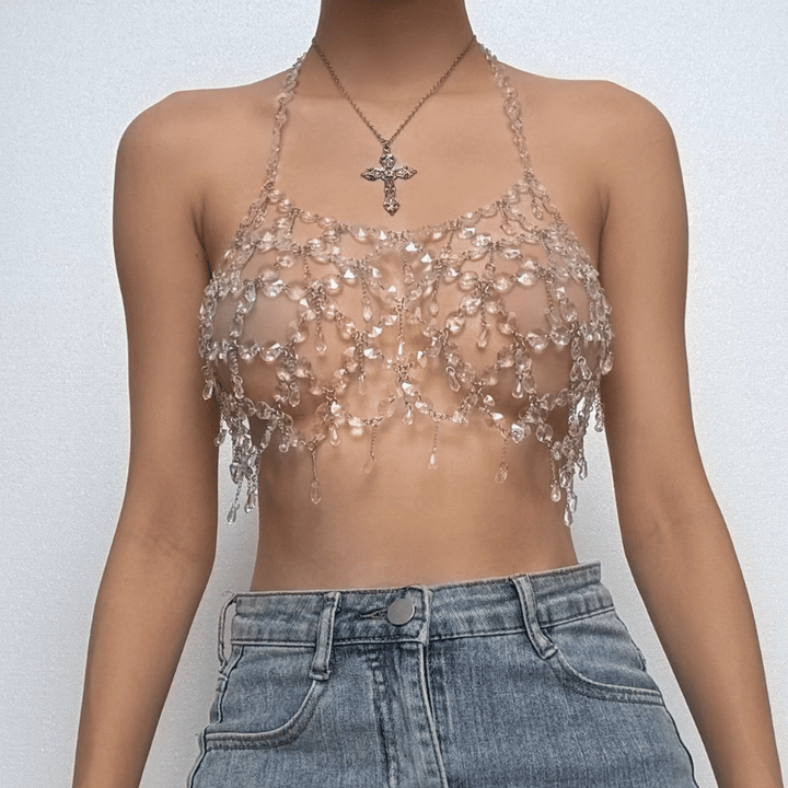Metal chain plastic crystal halter backless crop top  | Festival Outfits Women