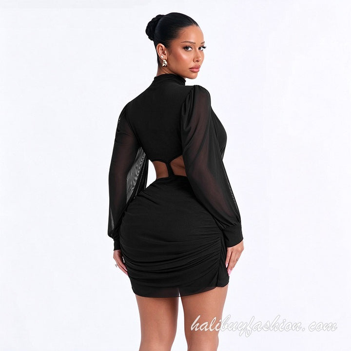 Long sleeve high neck cut out knotted solid ruched mini dress - Halibuy - 18