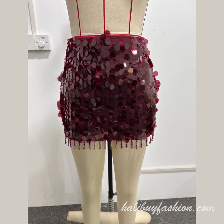 Glitter tassels sleeveless square neck skirt set mini - Halibuy - 18