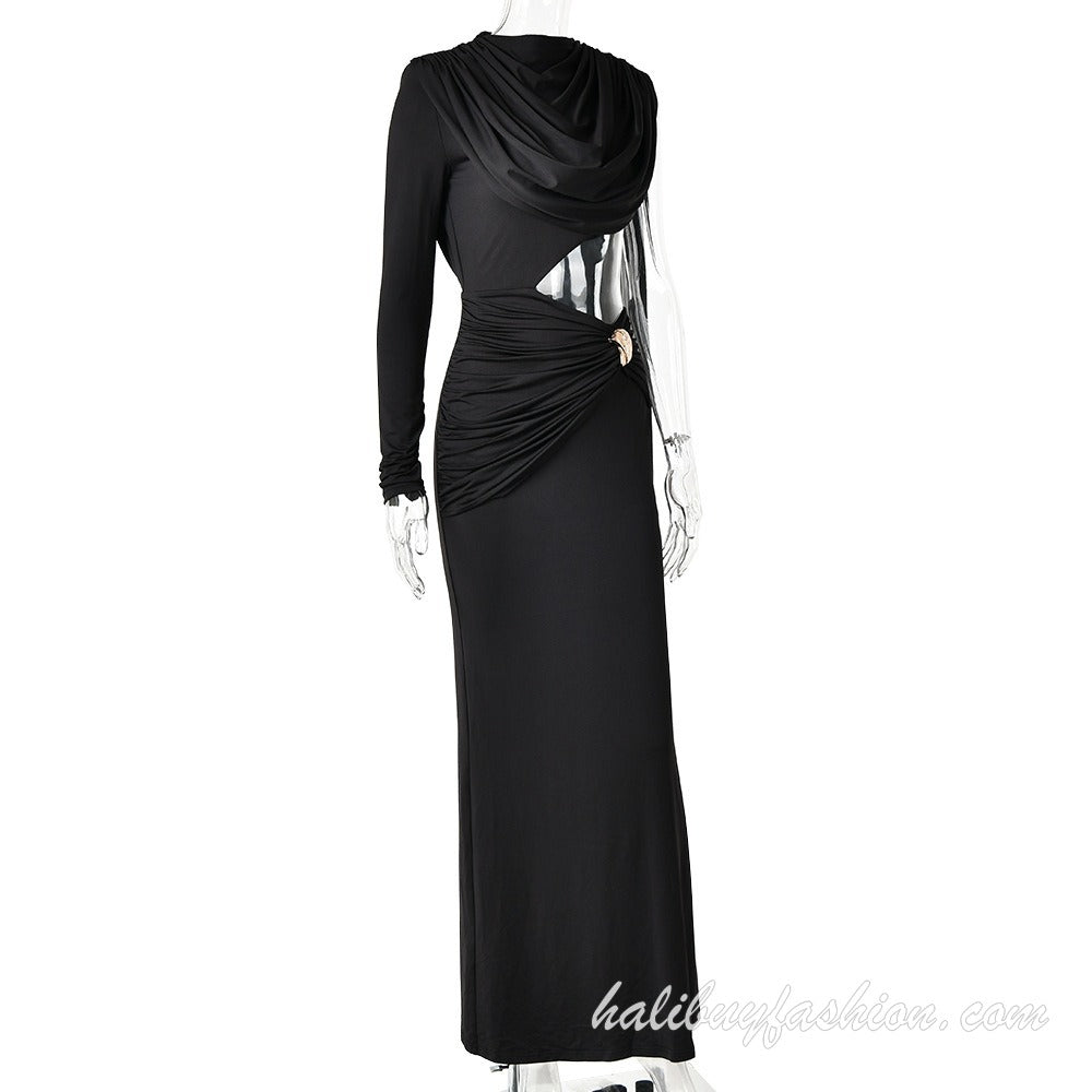 One shoulder long sleeve backless cut out high slit solid maxi dress - Halibuy - 18