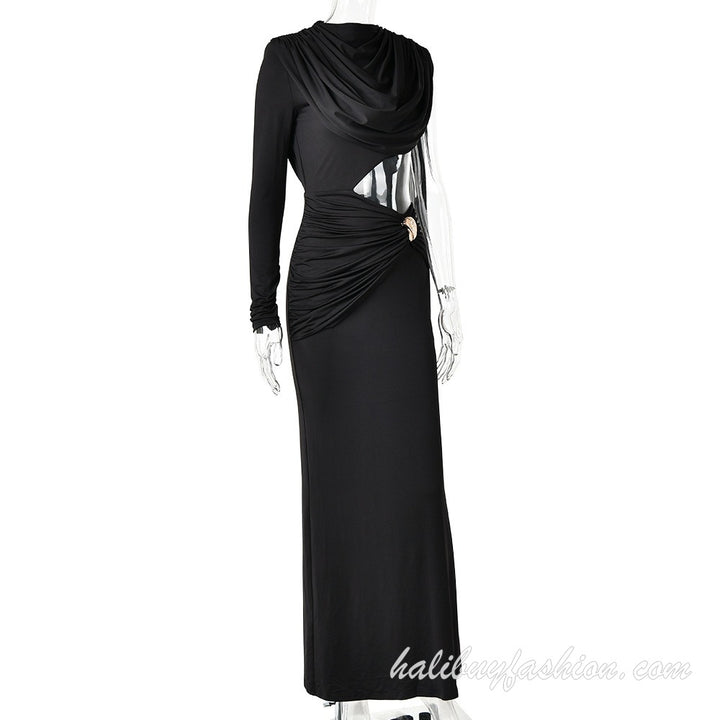 One shoulder long sleeve backless cut out high slit solid maxi dress - Halibuy - 18