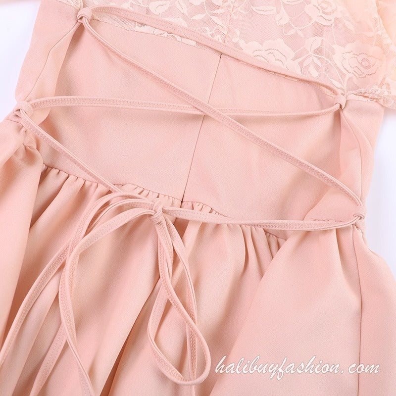Long sleeve lace corset solid lace up mini dress - Halibuy - 18