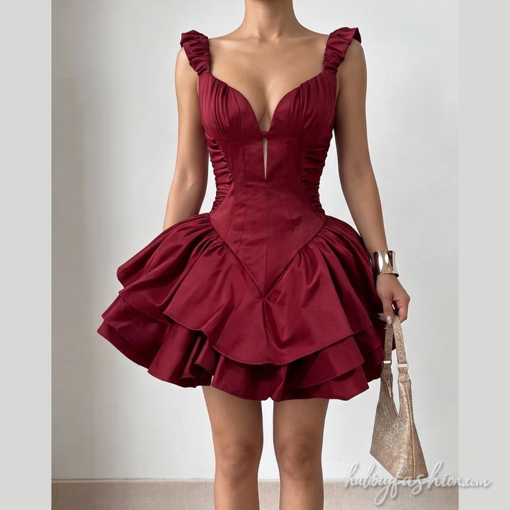 Ruched hollow out ruffle v neck solid mini dress
