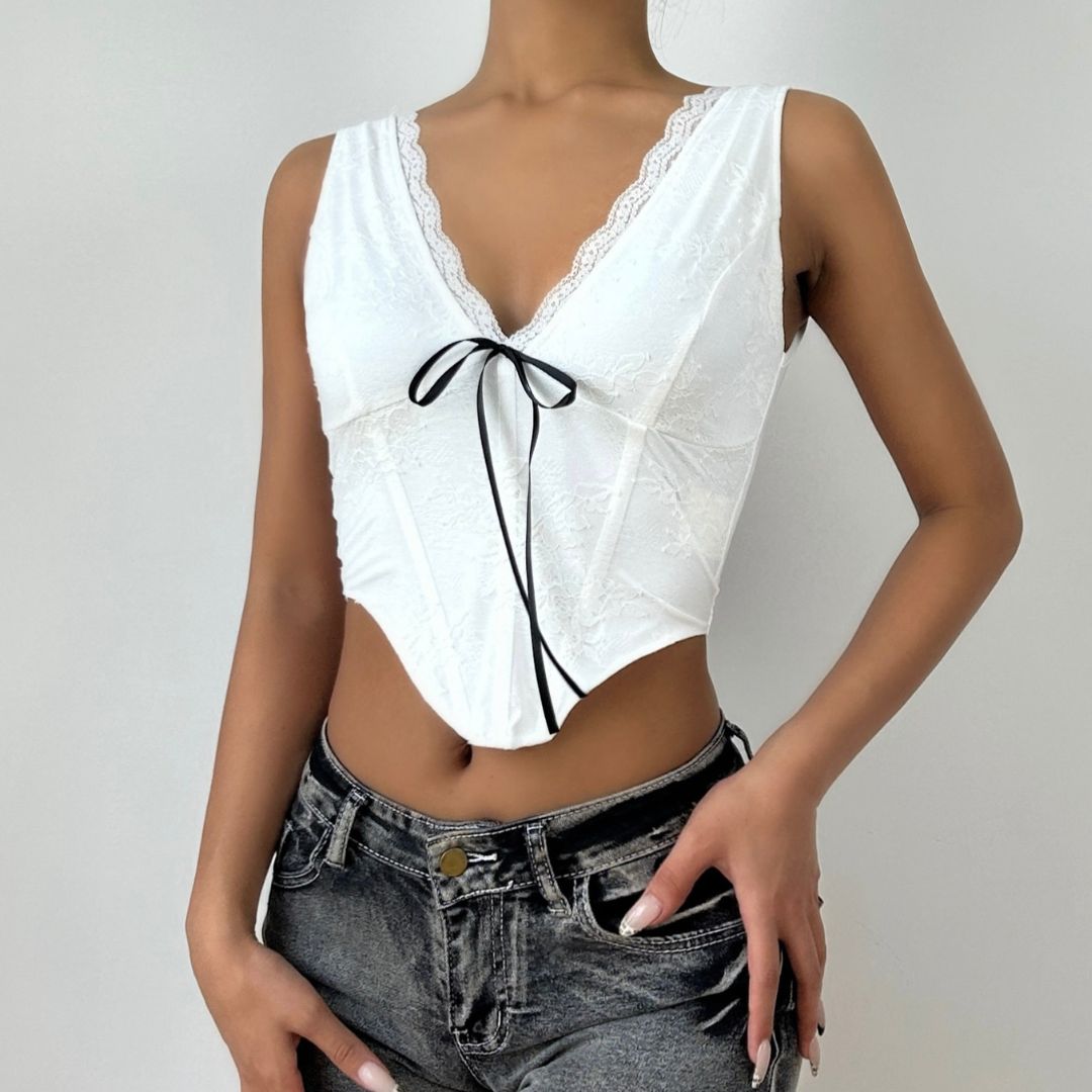 Lace hem v neck corset ribbon tank top  | Festival Outfits Women