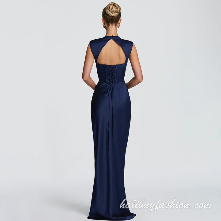 Sleeveless satin backless lace up solid high neck maxi dress - Halibuy - 18