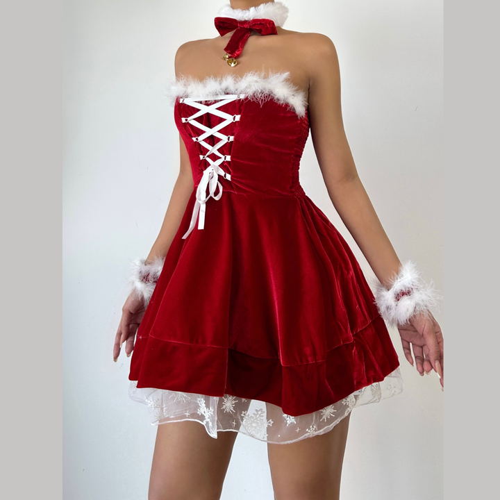 Fluffy lace up velvet backless tube mini dress  | Festival Outfits Women-final-sale