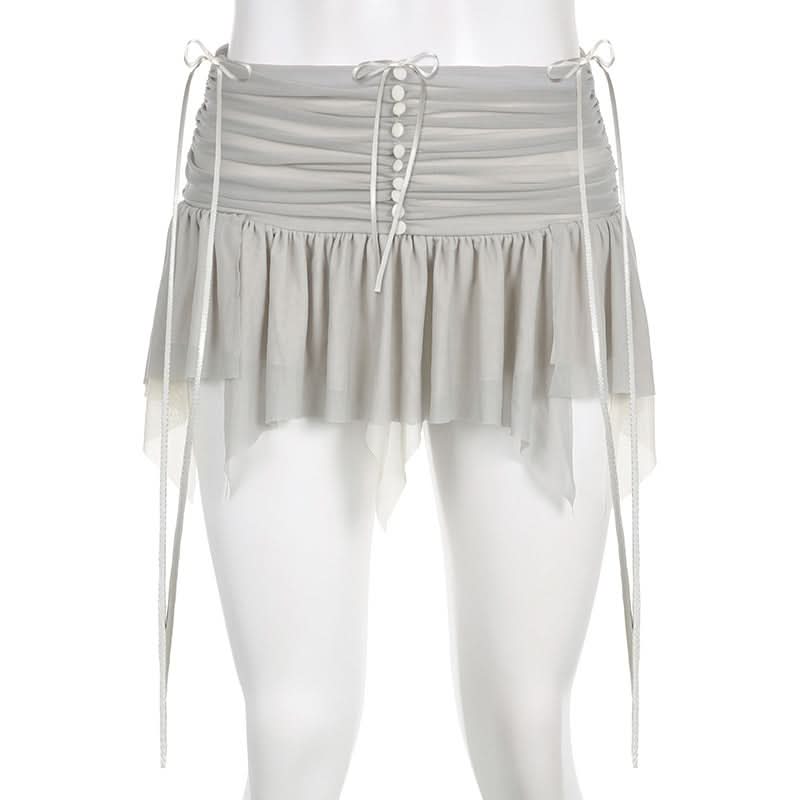 Mesh patchwork ruffle button contrast backless cami ruched skirt set-final-sale