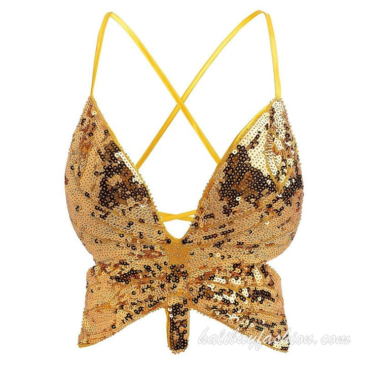 Spaghetti strap sleeveless glitter butterfly pattern deep v neck crop top - Halibuy - 18