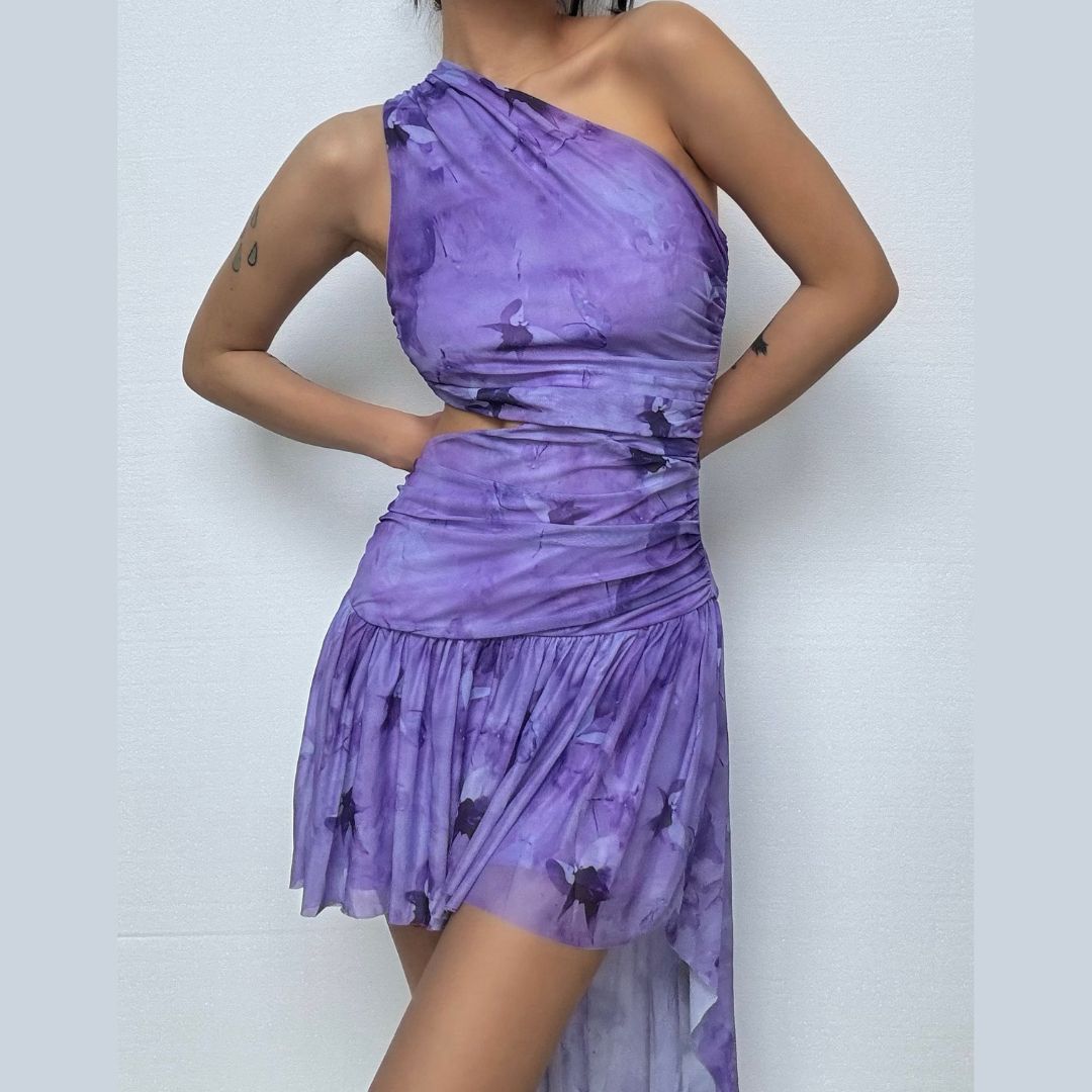 One shoulder hollow out ruched print cut out mini dress  | Festival Outfits Women