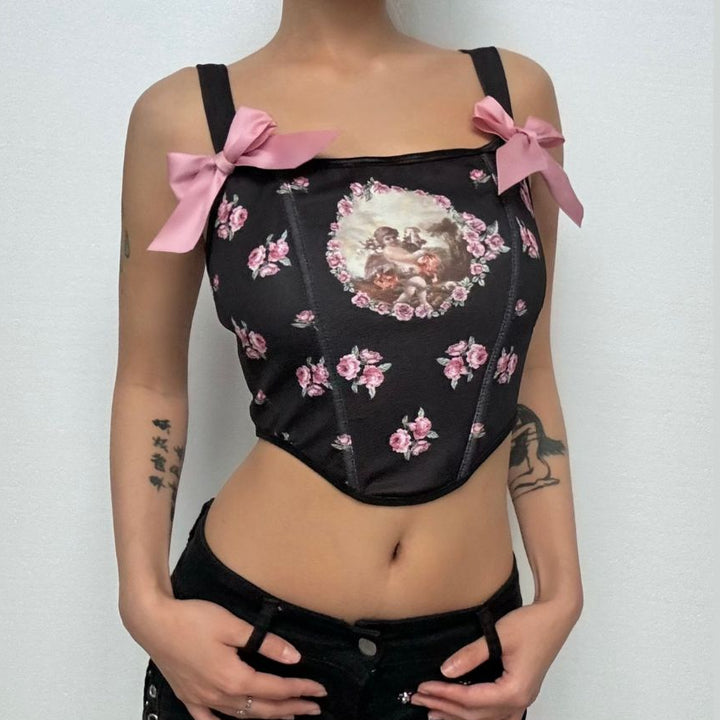 Flower print corset bowknot lace up cami top  | Festival Outfits Women