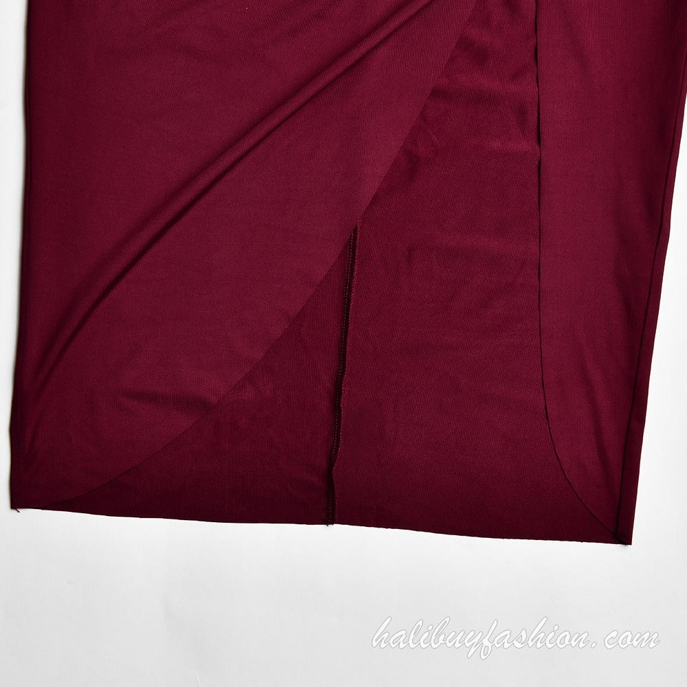 High neck long sleeve solid ruched high slit midi dress - Halibuy - 18