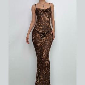 Leopard print cowl neck sheer mesh cami maxi dress  | Festival Outfits Women