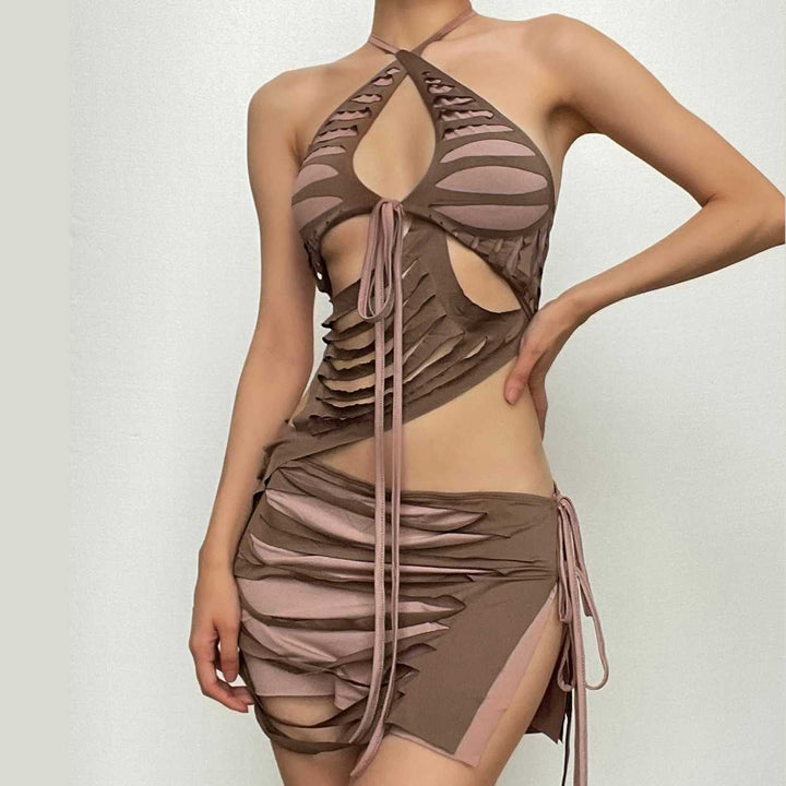 Contrast low cut hollow out self tie irregular mini skirt set-final-sale  | Festival Outfits Women