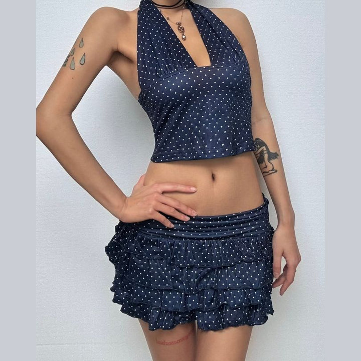 Halter v neck polka dot ruffle mini skirt set  | Festival Outfits Women