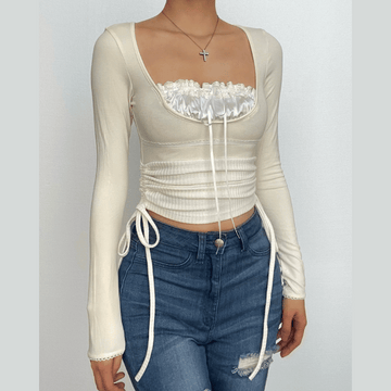 Drawstring lace hem ruched long sleeve patchwork top