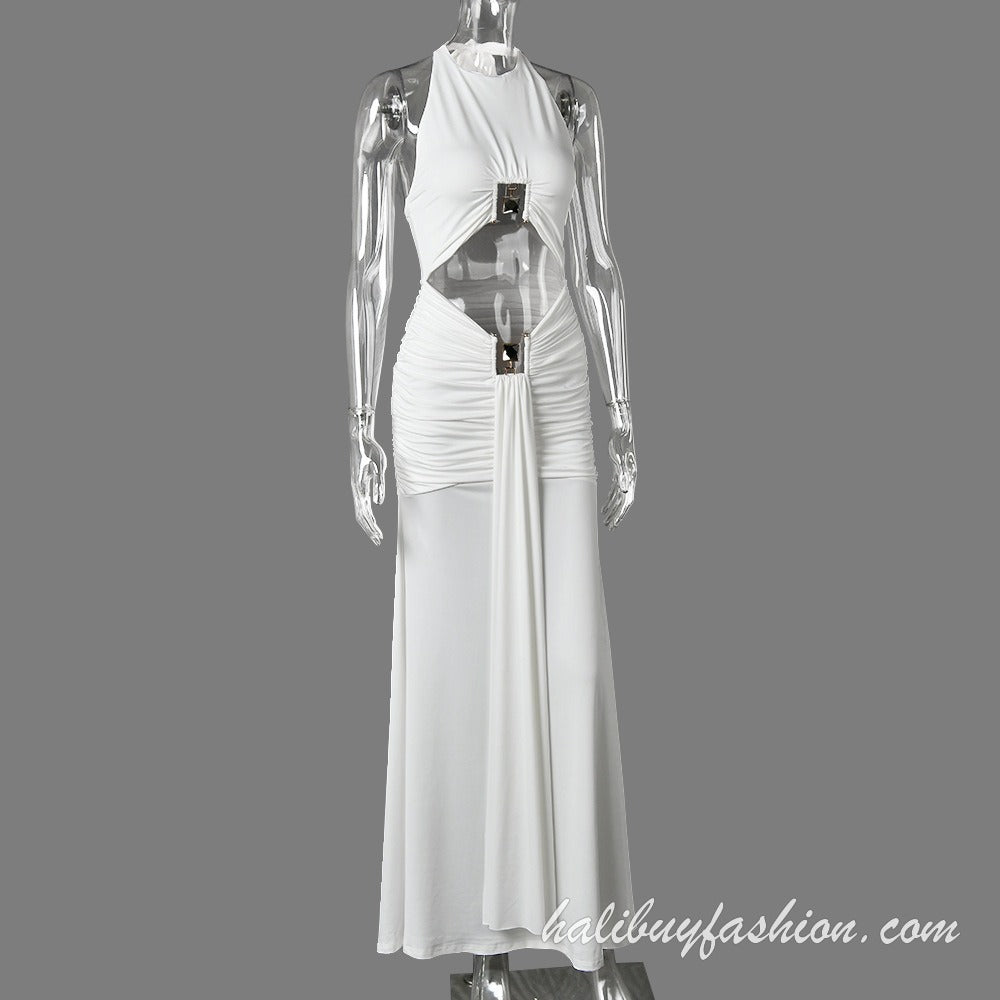 Halter sleeveless solid cut out ruched backless maxi dress - Halibuy - 18