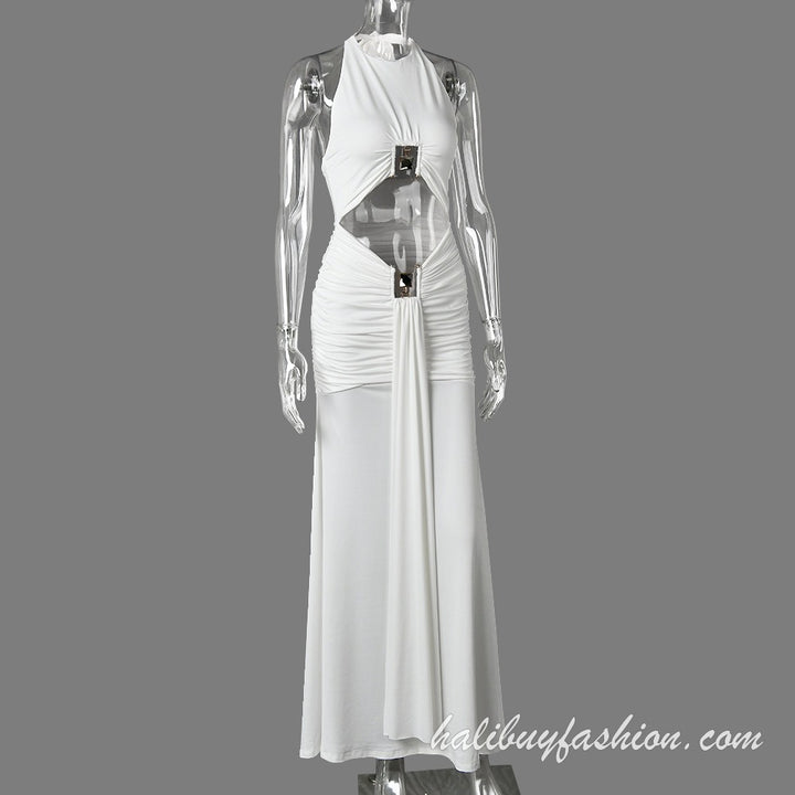 Halter sleeveless solid cut out ruched backless maxi dress - Halibuy - 18