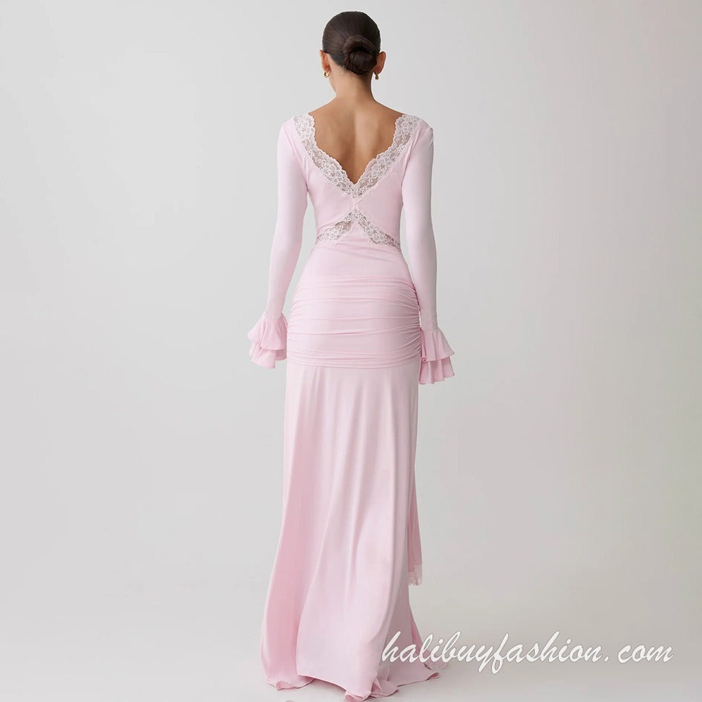 V neck long sleeve ruffle ruched solid maxi dress - Halibuy - 18