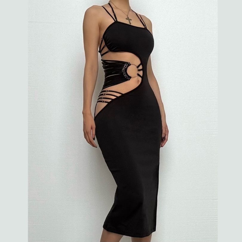 Irregular hollow out halter o ring cami slit cut out midi dress  | Festival Outfits Women