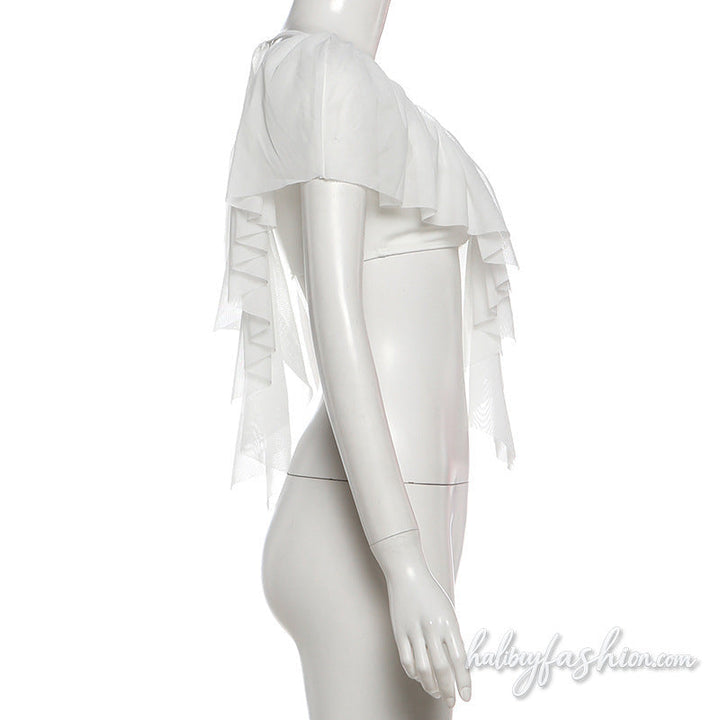Ruched v neck mesh self tie solid top