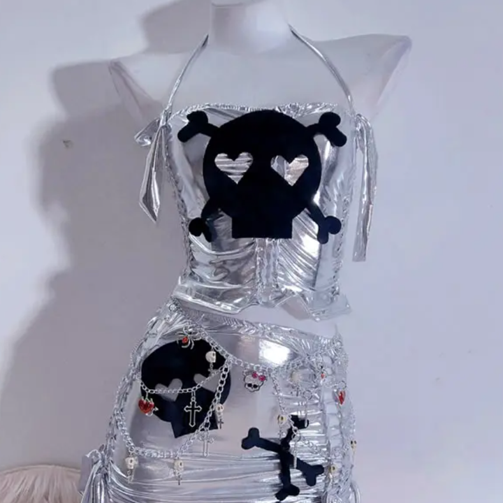 Halter metallic skull pattern ruched mini skirt set  | Festival Outfits Women