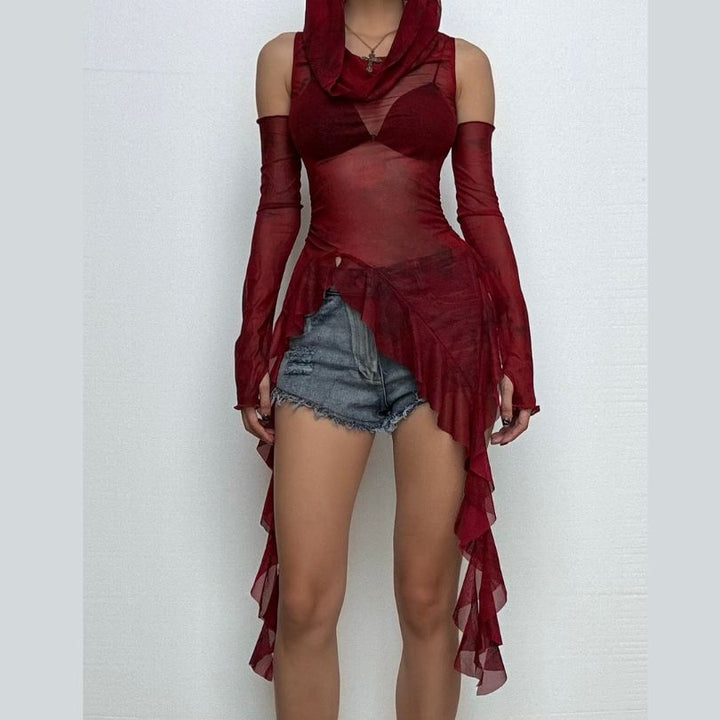 Hoodie cowl neck irregular gloves sheer mesh top  | Festival Outfits Women