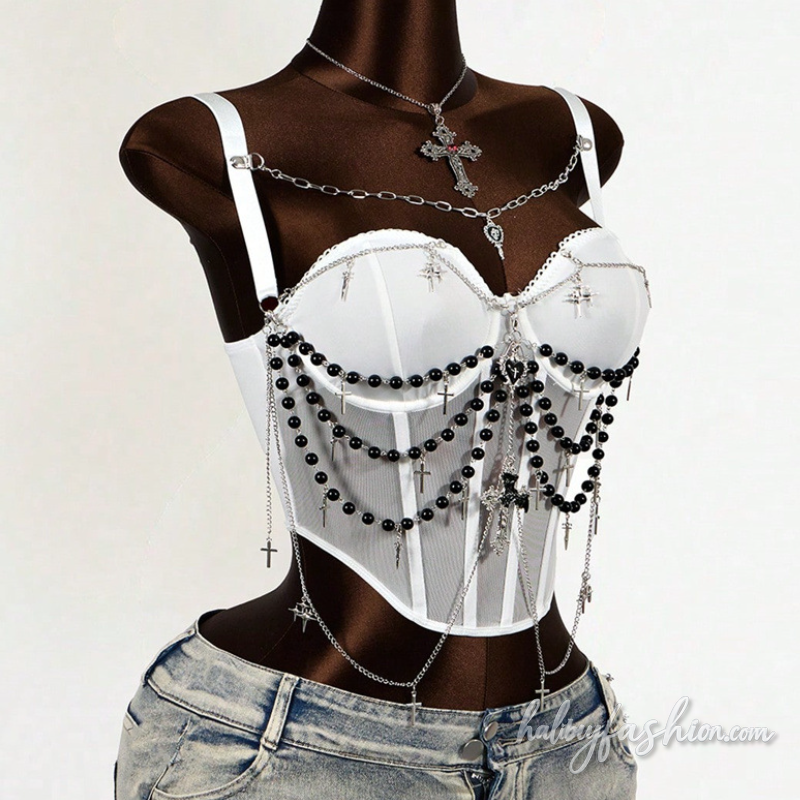 Metal chain beaded corset cami top