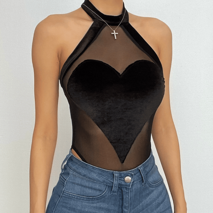 Heart patchwork halter mesh backless solid bodysuit-final-sale
