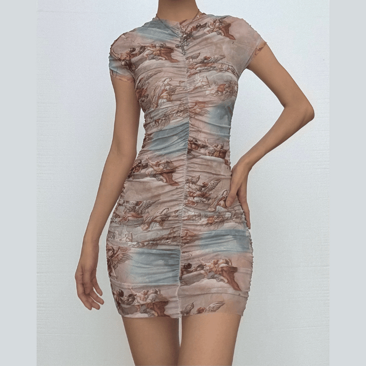 Sheer mesh see through abstract ruched short sleeve contrast mini dress