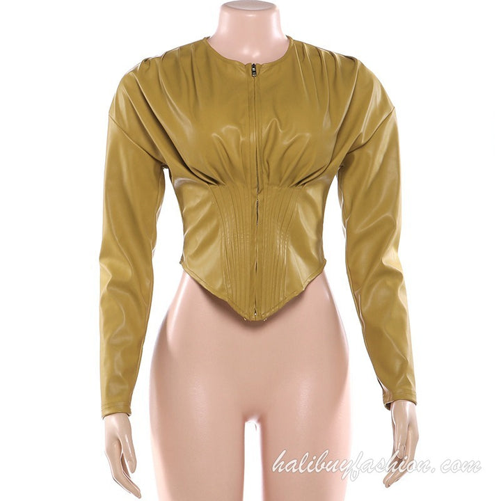 PU leather long sleeve solid zip-up corset ruched coat top - Halibuy - 19