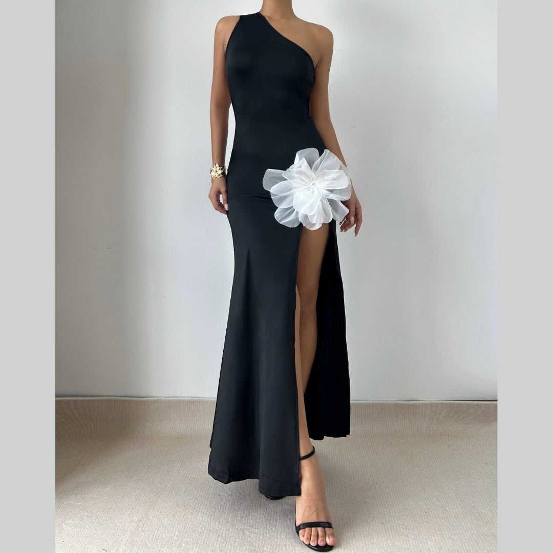 Flower applique one shoulder slit maxi dress  | Festival Outfits Women